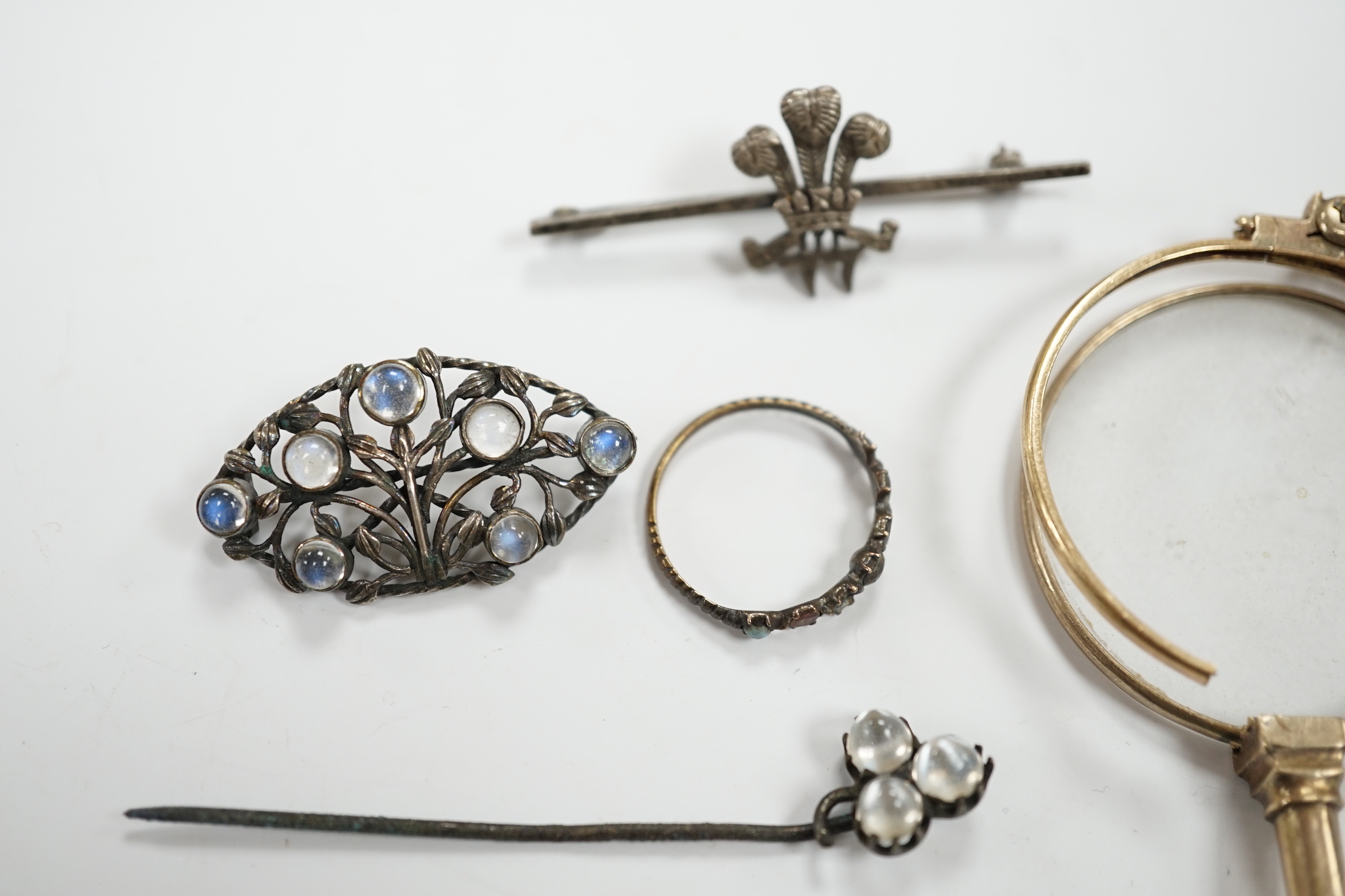 A pair of gold plated lorgnettes (a.f.) and five other items of jewellery including moonstone set (all a.f.).